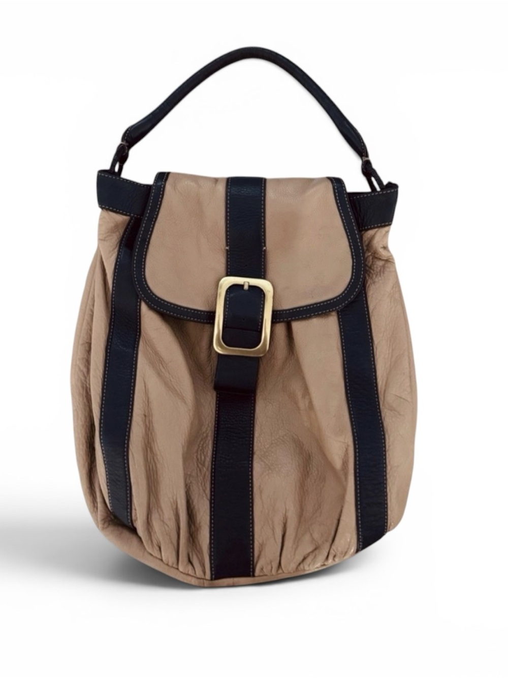 Cole Haan Vintage Tan and darkNavy 100%Pebbled Leather Slouchy Bag Hobo